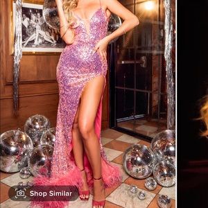 Sequin Gown with Feather trim and High thigh slit